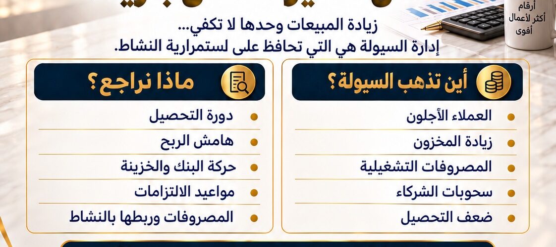 مبيعاتك بتزيد لكن السيولة مش بتزيد؟ إدارة السيولة - مكتب هشام أبوعوف