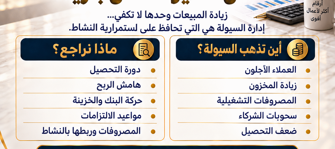 مبيعاتك بتزيد لكن السيولة مش بتزيد؟ إدارة السيولة - مكتب هشام أبوعوف